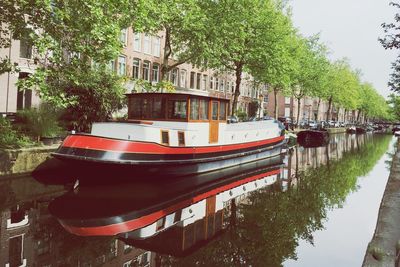 Boats moored in canal by trees