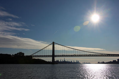 Suspension bridge over river against sky