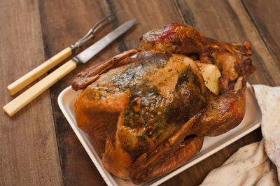 High angle view of meat on table