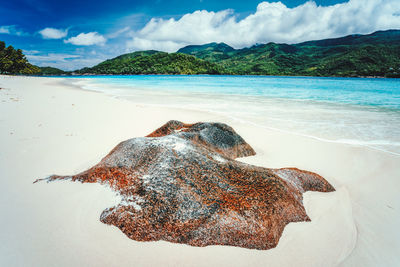 Scenic view of rocks on beach against sky