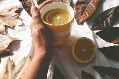 Cropped hand of man holding tea cup on table