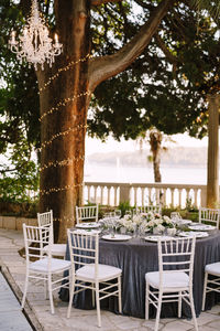 Empty chairs and table in restaurant