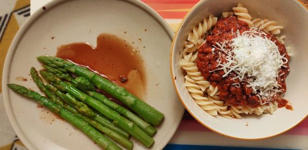 High angle view of pasta in plate on table