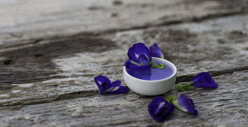 Close-up of purple flower on table