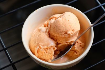 High angle view of ice cream in bowl