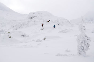 People skiing on snowcapped mountain