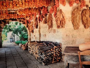 Stack of logs against wall