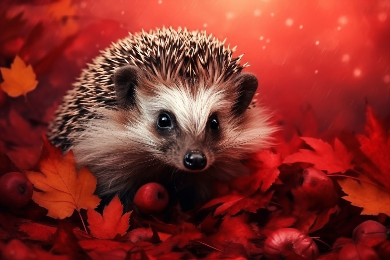 erinaceidae, hedgehog, domesticated hedgehog, mammal, animal, animal themes, one animal, autumn, plant part, animal wildlife, leaf, porcupine, portrait, cute, looking at camera, red, nature, no people, close-up, domestic animals, pet