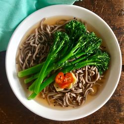 High angle view of soup in bowl on table