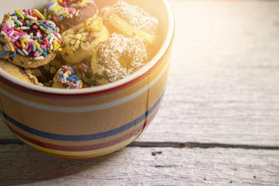 Close-up of candies in bowl on table