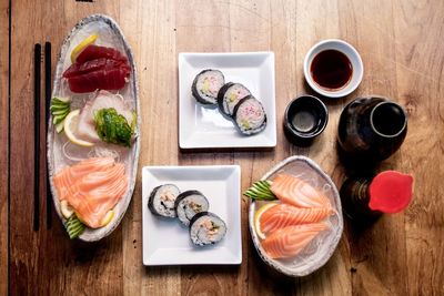 Directly above shot of sushi served on plate