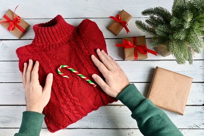 High angle view of woman with christmas decorations