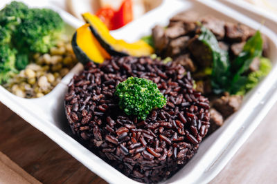 High angle view of vegetables in bowl on table