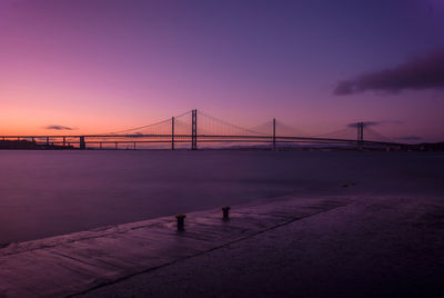 Suspension bridge over river at sunset