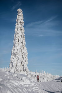 Person skiing on snow covered field against sky