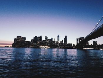 River by buildings against clear sky at dusk