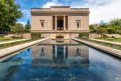 Philadelphia, pennsylvania - view of rodin museum main building surrounded by garden with  pool