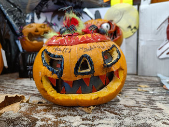 Halloween pumpkins, terrifying pumpkin contest with carved faces and exclusive decoration