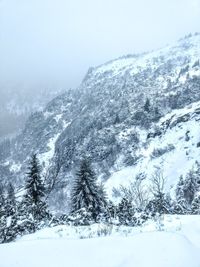 Scenic view of snow covered mountains against clear sky