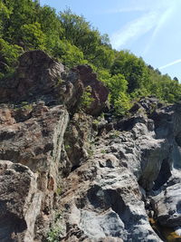 Low angle view of rock formation amidst trees against sky