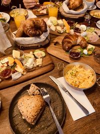 High angle view of food served on table