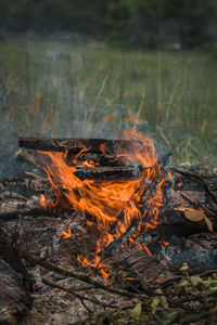 Bonfire on wooden structure in field