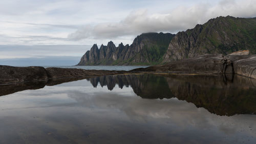 Scenic view of lake and mountains against sky