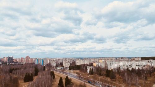 High angle view of buildings against sky