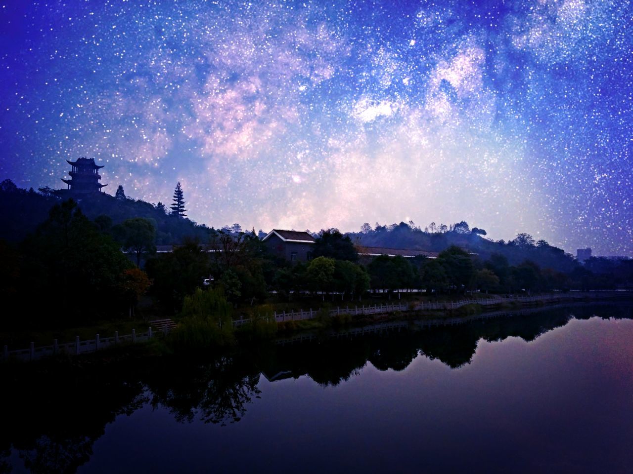 tranquil scene, scenics, tranquility, reflection, water, sky, night, blue, beauty in nature, lake, silhouette, nature, star - space, idyllic, waterfront, star field, tree, dusk, majestic, astronomy