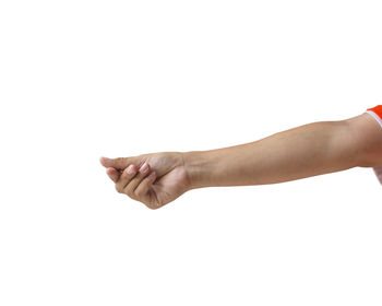 Midsection of person hand against white background