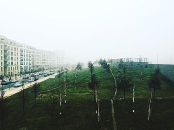 View of buildings against clear sky