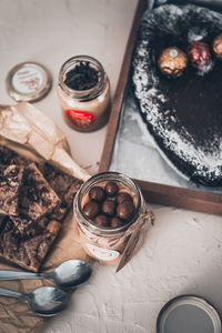 High angle view of dessert on table