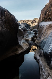 Scenic view of rocks in mountains against sky