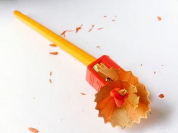 High angle view of colored pencils against white background