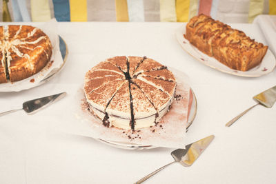 High angle view of cake slice in plate on table