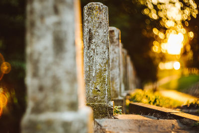 Close-up of concrete blocks during sunset