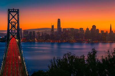 Illuminated city at waterfront during sunset