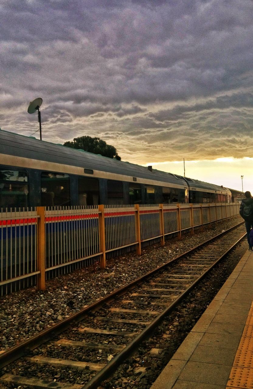 sky, cloud - sky, rail transportation, railroad track, transportation, sunset, railroad station platform, no people, public transportation, outdoors, nature, day, animal themes