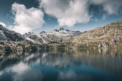 Panoramic view of lake and mountains against sky