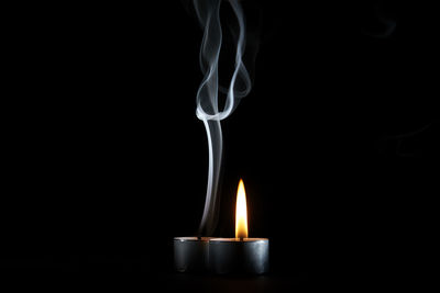 Close-up of illuminated candle against black background