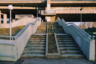 High angle view of empty staircase at railroad station