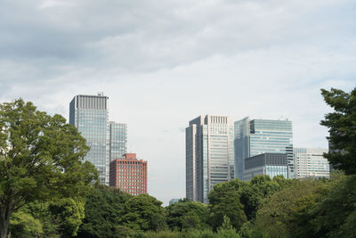 Trees and buildings in city against cloudy sky