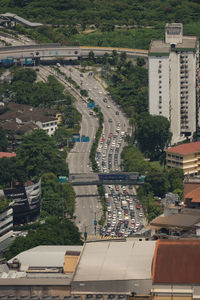 High angle view of traffic jam seen from menara kuala lumpur tower