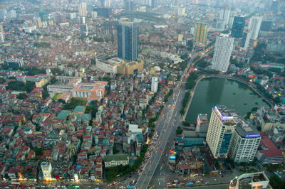 High angle view of street amidst buildings in city