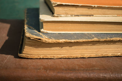 Close-up of stack of books on table