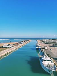 High angle view of sea against clear blue sky