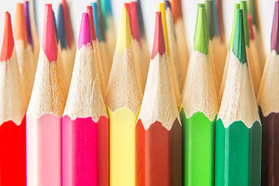 Close-up of colored pencils against white background