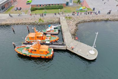 High angle view of boat moored at beach