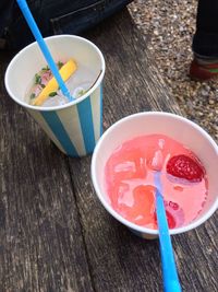 High angle view of ice cream in bowl on table