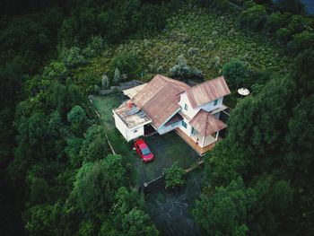 High angle view of cottage amidst trees in forest